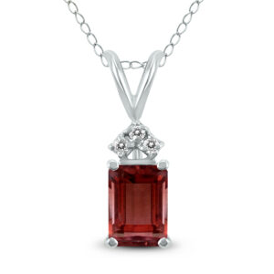 14K White Gold 8x6MM Emerald Shaped Garnet and Three Stone Diamond Pendant- GPD59053GT
