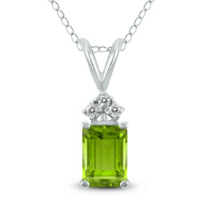 14K White Gold 8x6MM Emerald Shaped Peridot and Three Stone Diamond Pendant- GPD59053PD