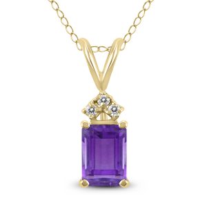 14K Yellow Gold 8x6MM Emerald Shaped Amethyst and Three Stone Diamond Pendant- GPD59054AM