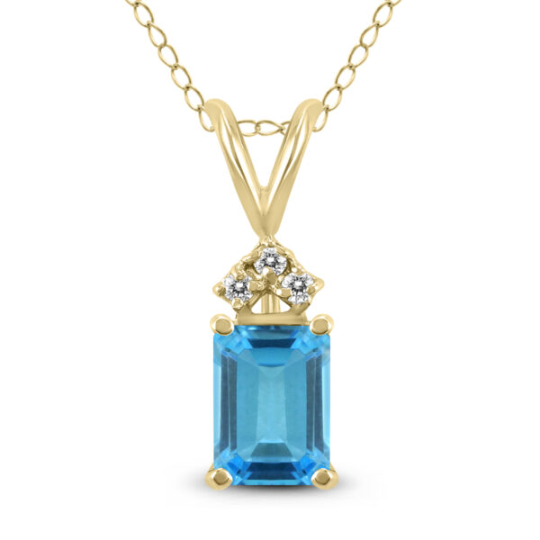 14K Yellow Gold 8x6MM Emerald Shaped Blue Topaz and Three Stone Diamond Pendant- GPD59054BT