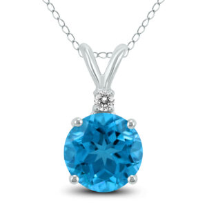 14K White Gold 5MM Round Blue Topaz and Diamond Pendant- GPD59105BT