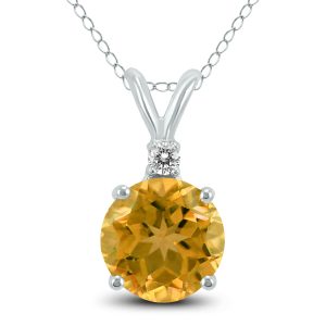 14K White Gold 5MM Round Citrine and Diamond Pendant- GPD59105CT