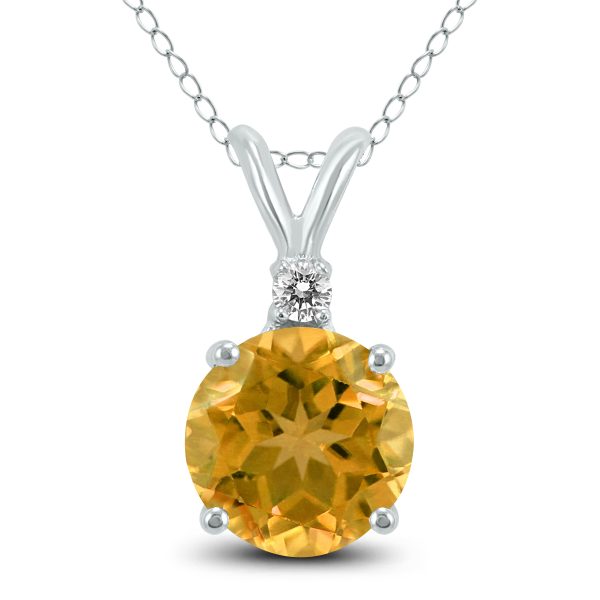 14K White Gold 5MM Round Citrine and Diamond Pendant- GPD59105CT