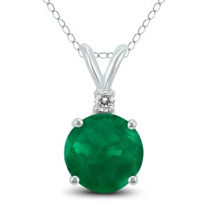 14K White Gold 5MM Round Emerald and Diamond Pendant- GPD59105EM