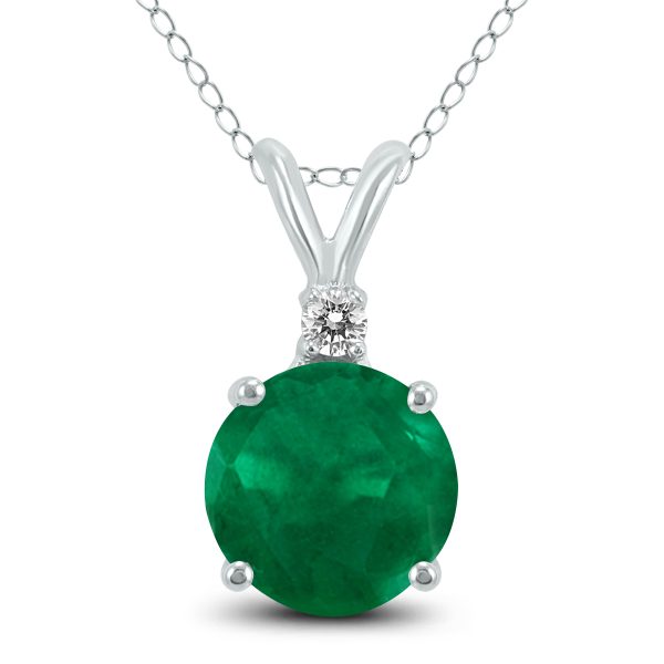 14K White Gold 5MM Round Emerald and Diamond Pendant- GPD59105EM