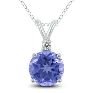 14K White Gold 5MM Round Tanzanite and Diamond Pendant- GPD59105TZ