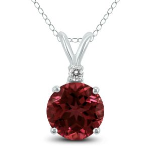 14K White Gold 6MM Round Garnet and Diamond Pendant- GPD59106GT