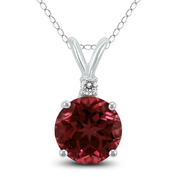 14K White Gold 7MM Round Garnet and Diamond Pendant- GPD59107GT