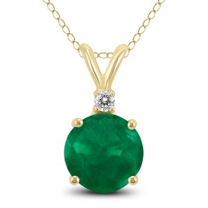 14K Yellow Gold 5MM Round Emerald and Diamond Pendant- GPD59109EM