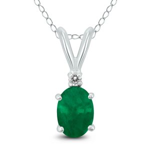 14K White Gold 5x3MM Oval Emerald and Diamond Pendant- GPD59152EM