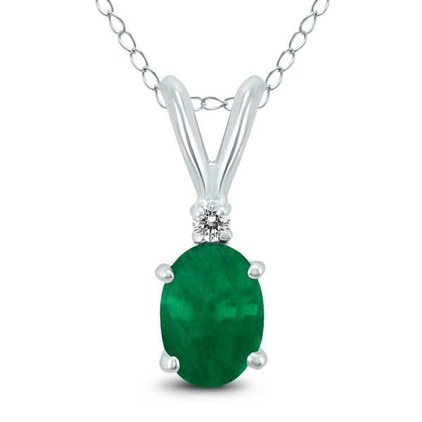14K White Gold 5x3MM Oval Emerald and Diamond Pendant- GPD59152EM