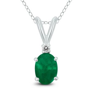 14K White Gold 6x4MM Oval Emerald and Diamond Pendant- GPD59153EM