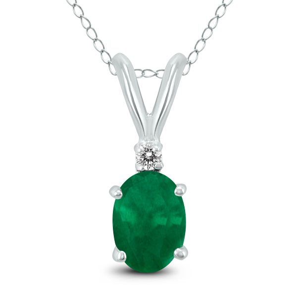 14K White Gold 6x4MM Oval Emerald and Diamond Pendant- GPD59153EM