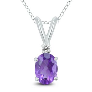 14K White Gold 7x5MM Oval Amethyst and Diamond Pendant- GPD59154AM