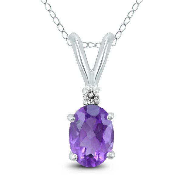 14K White Gold 7x5MM Oval Amethyst and Diamond Pendant- GPD59154AM