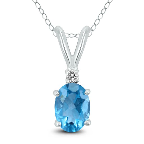 14K White Gold 7x5MM Oval Blue Topaz and Diamond Pendant- GPD59154BT