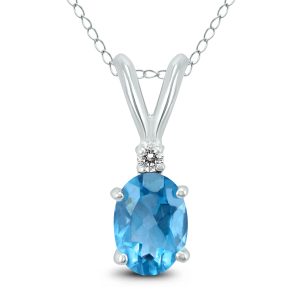 14K White Gold 8x6MM Oval Blue Topaz and Diamond Pendant- GPD59155BT