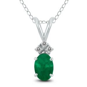 14K White Gold 5x3MM Oval Emerald and Three Stone Diamond Pendant- GPD59156EM