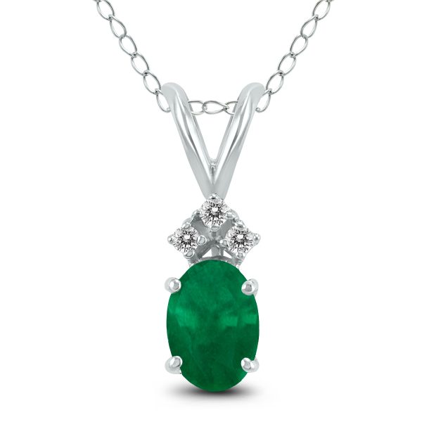 14K White Gold 5x3MM Oval Emerald and Three Stone Diamond Pendant- GPD59156EM