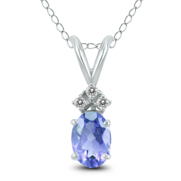 14K White Gold 5x3MM Oval Tanzanite and Three Stone Diamond Pendant- GPD59156TZ