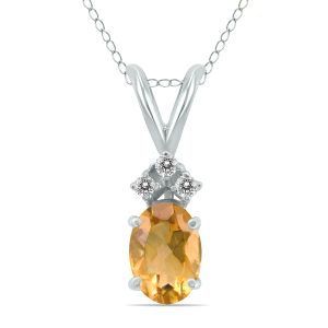 14K White Gold 6x4MM Oval Citrine and Three Stone Diamond Pendant- GPD59157CT