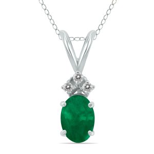 14K White Gold 6x4MM Oval Emerald and Three Stone Diamond Pendant- GPD59157EM