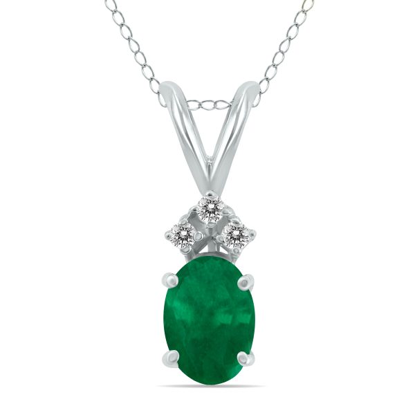 14K White Gold 6x4MM Oval Emerald and Three Stone Diamond Pendant- GPD59157EM