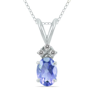 14K White Gold 6x4MM Oval Tanzanite and Three Stone Diamond Pendant- GPD59157TZ