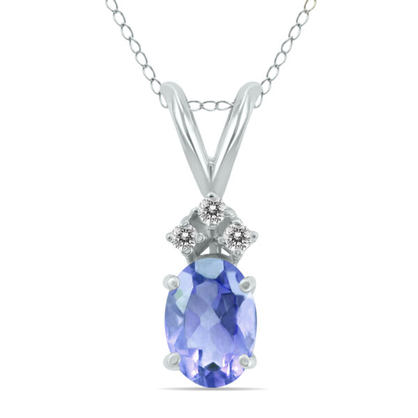 14K White Gold 6x4MM Oval Tanzanite and Three Stone Diamond Pendant- GPD59157TZ