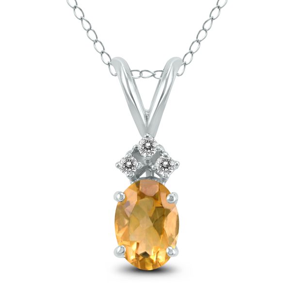 14K White Gold 7x5MM Oval Citrine and Three Stone Diamond Pendant- GPD59158CT