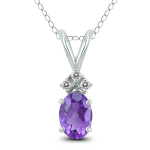 14K White Gold 8x6MM Oval Amethyst and Three Stone Diamond Pendant- GPD59159AM