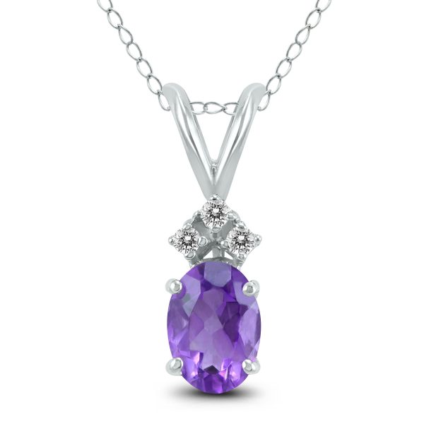 14K White Gold 8x6MM Oval Amethyst and Three Stone Diamond Pendant- GPD59159AM