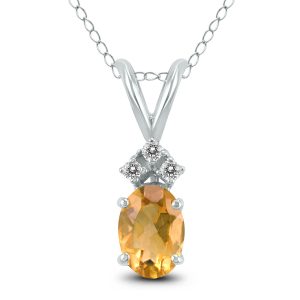 14K White Gold 8x6MM Oval Citrine and Three Stone Diamond Pendant- GPD59159CT