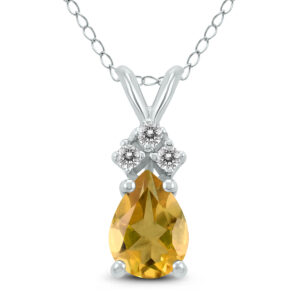 14K White Gold 6x4MM Pear Citrine and Three Stone Diamond Pendant- GPD59180CT