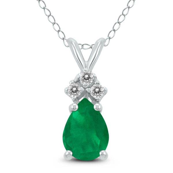 14K White Gold 6x4MM Pear Emerald and Three Stone Diamond Pendant- GPD59180EM