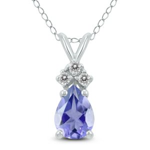 14K White Gold 6x4MM Pear Tanzanite and Three Stone Diamond Pendant- GPD59180TZ
