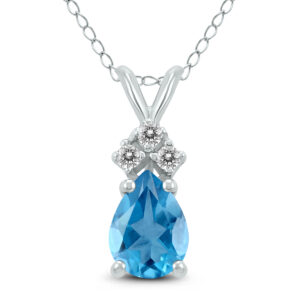 14K White Gold 8x6MM Pear Blue Topaz and Three Stone Diamond Pendant- GPD59182BT