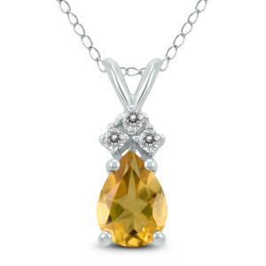 14K White Gold 8x6MM Pear Citrine and Three Stone Diamond Pendant- GPD59182CT