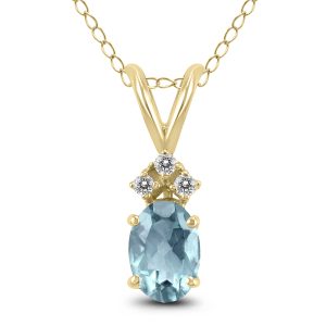 14K Yellow Gold 5x3MM Oval Aquamarine and Three Stone Diamond Pendant- GPD59203AQ