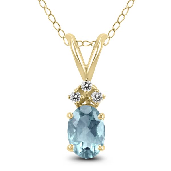 14K Yellow Gold 5x3MM Oval Aquamarine and Three Stone Diamond Pendant- GPD59203AQ