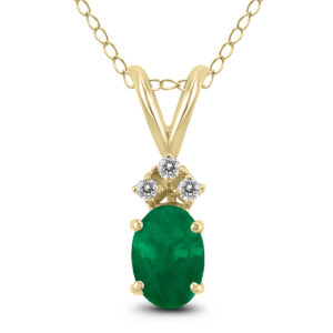 14K Yellow Gold 5x3MM Oval Emerald and Three Stone Diamond Pendant- GPD59203EM