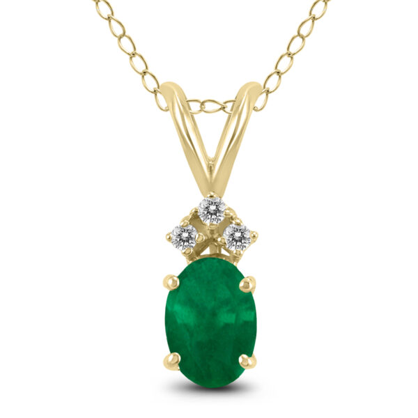 14K Yellow Gold 5x3MM Oval Emerald and Three Stone Diamond Pendant- GPD59203EM