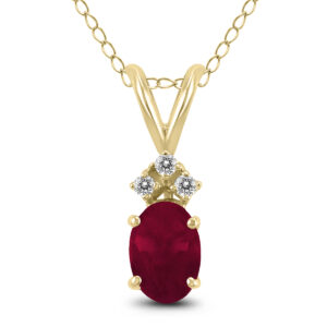 14K Yellow Gold 5x3MM Oval Ruby and Three Stone Diamond Pendant- GPD59203RB