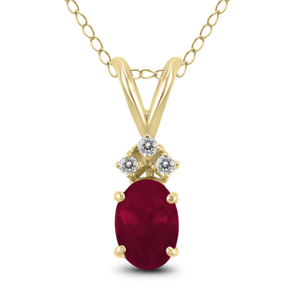 14K Yellow Gold 5x3MM Oval Ruby and Three Stone Diamond Pendant- GPD59203RB