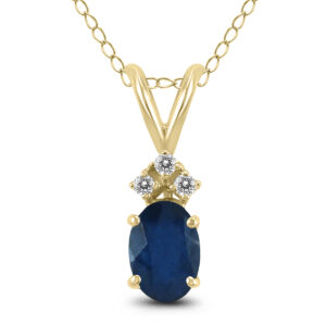 14K Yellow Gold 5x3MM Oval Sapphire and Three Stone Diamond Pendant- GPD59203SP