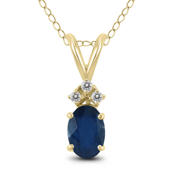 14K Yellow Gold 5x3MM Oval Sapphire and Three Stone Diamond Pendant- GPD59203SP