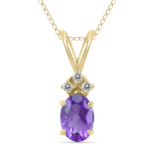 14K Yellow Gold 6x4MM Oval Amethyst and Three Stone Diamond Pendant- GPD59204AM