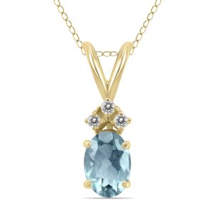 14K Yellow Gold 6x4MM Oval Aquamarine and Three Stone Diamond Pendant- GPD59204AQ