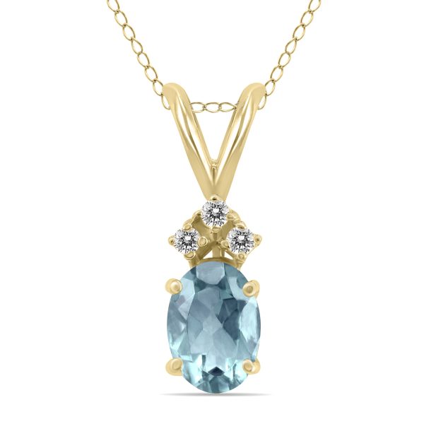 14K Yellow Gold 6x4MM Oval Aquamarine and Three Stone Diamond Pendant- GPD59204AQ