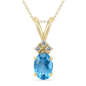 14K Yellow Gold 6x4MM Oval Blue Topaz and Three Stone Diamond Pendant- GPD59204BT